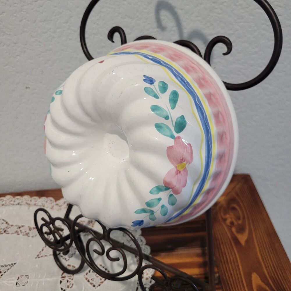 Vtg Ceramic Jello Bundt Mold White Pink Blue Green Hand Painted Italy Wall Decor